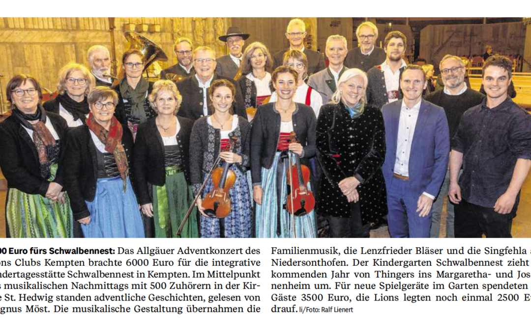 Ausschnitt aus der Allgäuer Zeitung vom 11. Dezember 2025 mit dem Bericht über das Benefizkonzert des Lions Clubs Kempten (Allgäu) zugunsten der integrativen Kita Schwalbennest von Körperbehinderte Allgäu.
