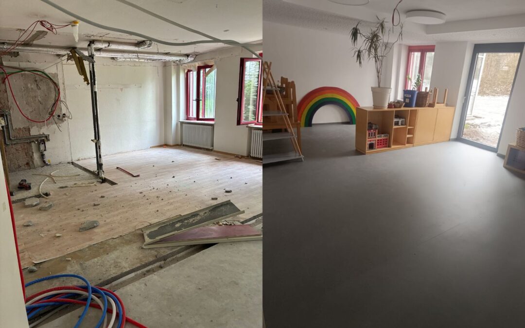 Auf der linken Seite der Gruppenraum vor den Umbaumaßnahmen, auf der rechten Seite der Gruppenraum nach den Umbaumaßnahmen in der neuen Kita Schwalbennest von Körperbehinderte Allgäu.